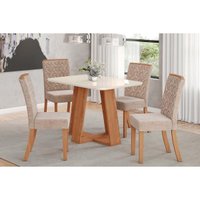 Conjunto: Mesa Sala Jantar Lins c/ Tampo Madeirado c/ Vidro Curvo 120x80cm e 4 Cadeiras Esther Nature/Linho Creme - Henn