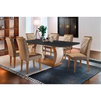 Sala de Jantar Completa Jade Tampo Madeirado c/ Vidro Curvo 180x90 e 6 Cadeiras Melissa Imbuia/Suede Capuccino - Rufato