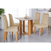 Conjunto: Mesa Sala Jantar Flora Tampo Madeirado c/ Vidro 95X95cm e 4 Cadeiras Nicole Nature/Suede Nude Bege - Cimol