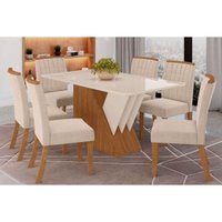 Mesa de Cozinha Épic Tampo Madeirado Com Vidro Canto Curvo 160x90cm e 6 Cadeiras Tauá Nature/Linho - Henn