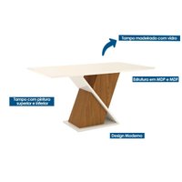 Conjunto: Mesa de Cozinha Solus Tampo Madeirado c/ Vidro 160x90cm e 6 Cadeiras Malu Nature/Linho - Henn