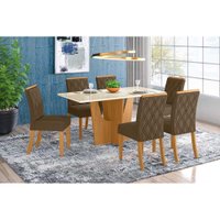 Conjunto: Mesa de Cozinha Vértice Tampo Madeirado c/ Vidro 160x80cm e 6 Cadeiras Vita Nature/Suede Light Bege - Henn