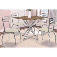 Conjunto: Mesa de Cozinha Volga c/ Tampo de Madeira 90cm e 4 Cadeiras Portugal Cromado/Nogueira - Bege - Kappesberg