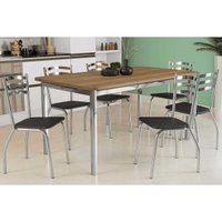Conjunto: Mesa de Cozinha Reno c/ Tampo Madeira 160cm e 6 Cadeiras Portugal Cromada/Preto 110 - Kappesberg