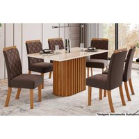 Conjunto: Mesa de Cozinha Solana c/ Tampo Madeirado c/ Vidro Reto 160x90cm e 6 Cadeiras Bella Nature/Linho - Henn