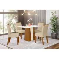 Conjunto: Mesa de Cozinha Orus Tampo Madeirado c/ Vidro 120x80cm e 4 Cadeiras Vita Nature/Linho - Henn