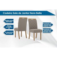 Conjunto: Mesa de Cozinha Natalí c/ Tampo Madeirado c/ Vidro Curvo 120x80cm e 4 Cadeiras Bella Nature/Linho - Henn