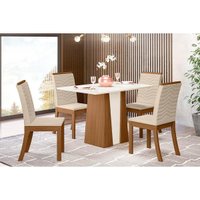 Conjunto: Mesa de Cozinha Orus Tampo Madeirado c/ Vidro 120x80cm e 4 Cadeiras Isa Nature/Linho - Henn