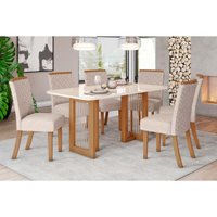 Conjunto: Mesa de Cozinha Yara c/ Tampo Madeirado c/ Vidro Curvo 160x90cm e 6 Cadeiras Malu Nature/Linho - Henn