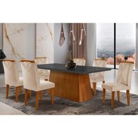 Conjunto: Mesa de Cozinha Luna Tampo Madeirado c/ Vidro Reto 180x90 e 6 Cadeiras Amsterdã Imbuia/Suede Creme - Rufato