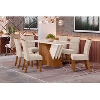Conjunto: Mesa de Cozinha Epic Tampo Madeirado c/ Vidro 160x90cm e 6 Cadeiras Vita Nature/Linho - Henn