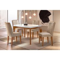 Conjunto: Mesa de Cozinha Londrina Tampo Madeirado c/ Vidro 120x80cm e 4 Cadeiras Jade Capuccino/Suede Creme - Rufato