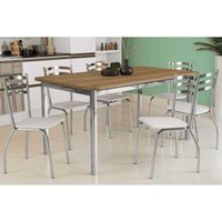 Conjunto: Mesa de Cozinha Reno c/ Tampo Madeira 160cm e 6 Cadeiras Portugal Cromada/Branco 106 - Kappesberg