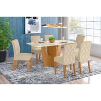 Conjunto: Mesa de Cozinha Vértice Tampo Madeirado c/ Vidro 160x80cm e 6 Cadeiras Vita Nature/Linho - Henn