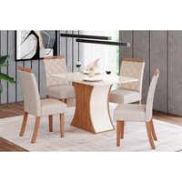 Conjunto: Mesa de Cozinha Luiza Tampo Madeirado c/ Vidro Canto Reto 120x80cm e 4 Cadeiras Bella Nature/Linho - Henn