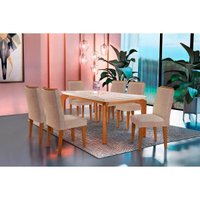 Conjunto: Mesa de Cozinha Londrina Tampo Madeirado c/ Vidro 180x90cm e 6 Cadeiras Lunara Capuccino/Suede Creme - Rufato