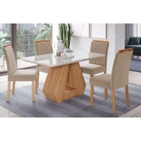 Conjunto: Mesa Sala Jantar Ágata Tampo Madeirado c/ Vidro 130x80cm e 4 Cadeiras Juliana Madeirado/ Linho Bege - Cimol