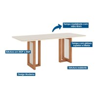 Conjunto: Mesa de Cozinha Yara c/ Tampo Madeirado c/ Vidro Curvo 200x90cm e 6 Cadeiras Anne Nature/Courano/Linho - Henn