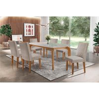 Conjunto: Mesa de Cozinha Londrina Tampo Madeirado c/ Vidro 180x90cm e 6 Cadeiras Jade Capuccino/Suede Creme - Rufato