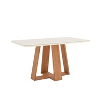 Conjunto: Mesa de Cozinha Lins c/ Tampo Madeirado c/ Vidro Curvo 160x90cm e 6 Cadeiras Esther Nature/Linho Cacao - Henn