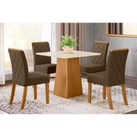 Conjunto: Mesa de Cozinha Dora Tampo Madeirado 90x90cm e 4 Cadeiras Vita Nature/Suede Light Bege - Henn