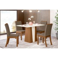 Conjunto: Mesa de Cozinha Orus Tampo Madeirado c/ Vidro 120x80cm e 4 Cadeiras Isa Nature/Suede Light Bege - Henn