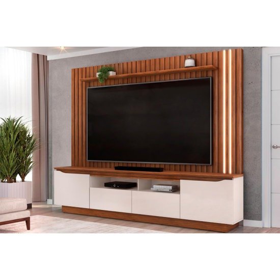 Estante p/ Sala até 70 Polegadas Petrus Ripado c/ Led e Nichos 240x190cm Freijó/Off White - DJ Móveis
