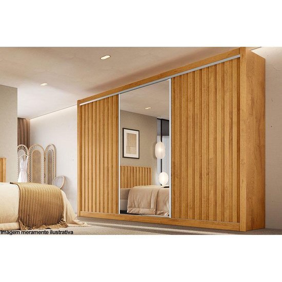 Guarda Roupas 3 Portas de Correr de (2 Ripadas e 1 c/ Espelho) e 6 Gavetas York Peroba - Europa