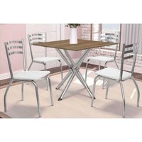 Conjunto: Mesa de Cozinha Volga c/ Tampo de Madeira 90cm e 4 Cadeiras Portugal Cromado/Nogueira - Branco - Kappesberg