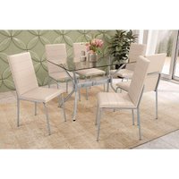 Conjunto: Mesa de Cozinha Loire c/ Tampo de Vidro 120x80cm e 6 Cadeiras Amsterdã Cromada - Nude - Kappesberg