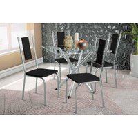Conjunto: Mesa de Cozinha Volga c/ Tampo de Vidro 90cm e 4 Cadeiras Lisboa Cromada - Courano Preto - Kappesberg