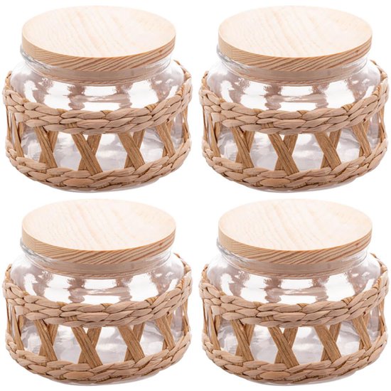 4 Potes Redondos Vidro Sisal Vedação Hermética 350ml Madeira Porta Mantimentos Wolff