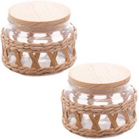 Kit 2 Potes Herméticos Wolff Vidro 350ml Tampa Madeira Sisal Porta Mantimentos