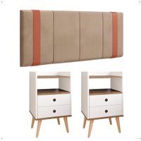 Kit Quarto 2 Mesas Cabeceira Retrô Off White/Freijó Gavetas Nicho Painel Suspenso Cama Box Queen 1,60 Bege Suede - RPM