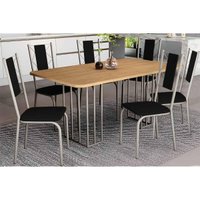 Conjunto: Mesa de Cozinha Duina c/ Tampo de Madeira 160cm e 6 Cadeiras Lisboa Niquel/Freijo - Courano Preto - Kappesberg