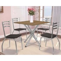 Conjunto: Mesa Sala Jantar Volga c/ Tampo de Madeira 90cm e 4 Cadeiras Portugal Cromado/Nogueira - Preto - Kappesberg