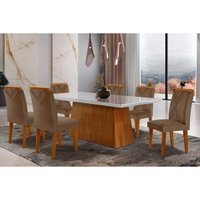 Sala de Jantar Completa Luna Tampo Madeirado c/ Vidro Reto 180x90 e 6 Cadeiras Amsterdã Imbuia/Suede Capuccino - Rufato