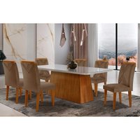 Sala de Jantar Completa Luna Tampo Madeirado c/ Vidro Curvo 180x90 e 6 Cadeiras Amsterdã Imbuia/Suede Capuccino - Rufato
