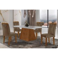 Sala de Jantar Completa Luna Tampo Madeirado c/ Vidro Curvo 120x80 e 4 Cadeiras Amsterdã Imbuia/Suede Capuccino - Rufato
