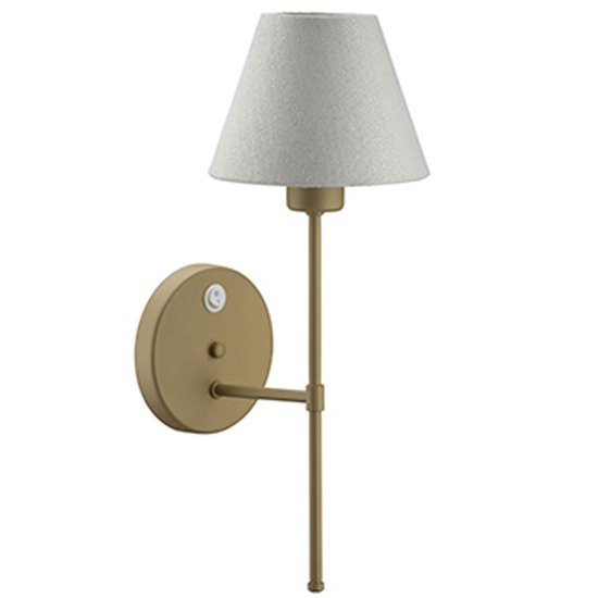 Luminária de Parede em Alumínio Dourado Cúpula Tecido Natural com Interruptor Arandela Quarto Cabeceira