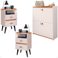 Kit Mesas Cabeceira Nicho Organizador Sapateira Gavetas Basculante Porta 12 Pares Calçados Off White/Cinamomo - RPM