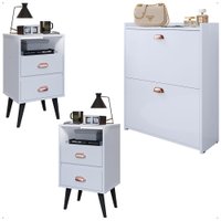 Kit 2 Mesas Cabeceira Classic Nicho Organizador Sapateira Gavetas Basculante Porta 12 Pares Calçados Closet Branco - RPM