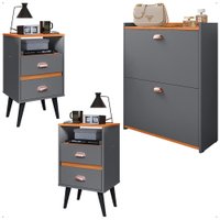 Kit Mesas Cabeceira Nicho Organizador Sapateira Gavetas Basculante Porta 12 Pares Calçados Closet Cinza/Cinamomo - RPM