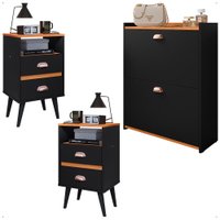 Kit Mesas Cabeceira Nicho Organizador Sapateira Gavetas Basculante Porta 12 Pares Calçados Closet Preto/Cinamomo - RPM
