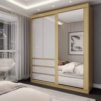 Guarda-Roupa Solteiro Rosário 100% Mdf 3 Portas 3 Gavetas com Espelho Castanho/Off White - Panorama Móveis