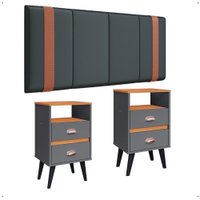 Kit Mesa Cabeceira Gavetas Organizadoras Retrô Cinza/Cinamomo Painel Suspenso Estofado Cama Box Casal 1,40 Suede - RPM