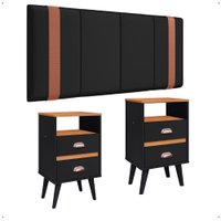 Kit Mesa Cabeceira Gavetas Organizadoras Retrô Preto/Cinamomo Painel Suspenso Estofado Cama Box Casal 1,40 Suede - RPM