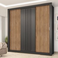 Guarda Roupa Casal 3 Portas Doha Carraro Ripado Preto Touch com Freijó