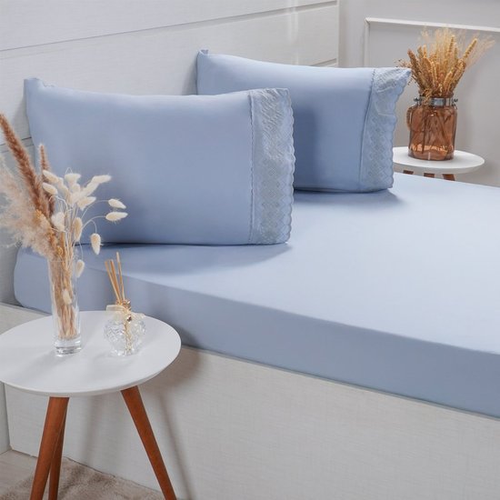 Jogo de Cama Casal Broderie 3 Pçs Bordado Inglês 138x188x30cm Blue