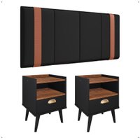 Kit 2 Mesinhas Nicho Gaveta Puxador Concha Preto/Freijó Cabeceira Suspensa Estofada Cama Box Queen Size 1,60 Suede - RPM